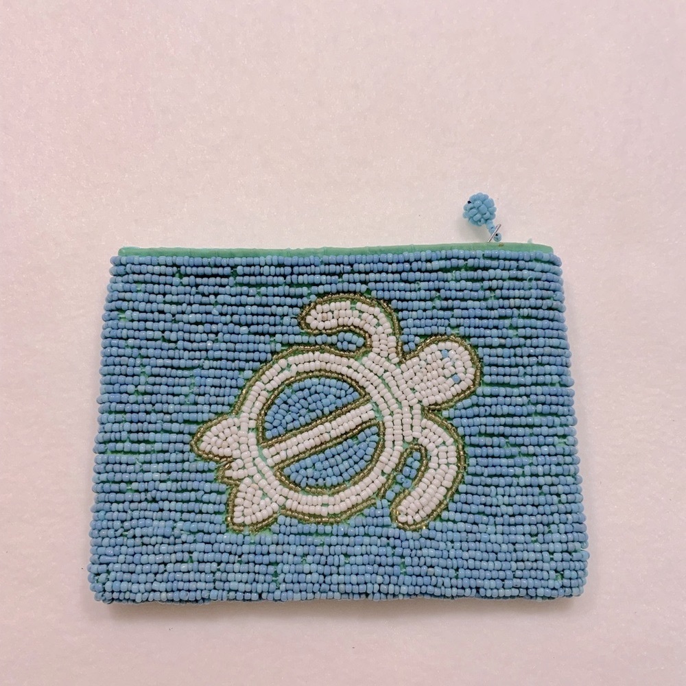 Blue Beaded Turtle Zipper Coin Purse